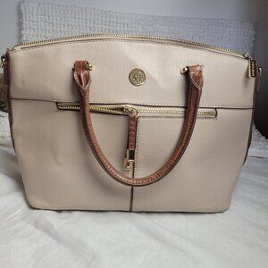 Anne Klein New Recruits Satchel Handbag Purse Beige 2 strap faux leather GUC